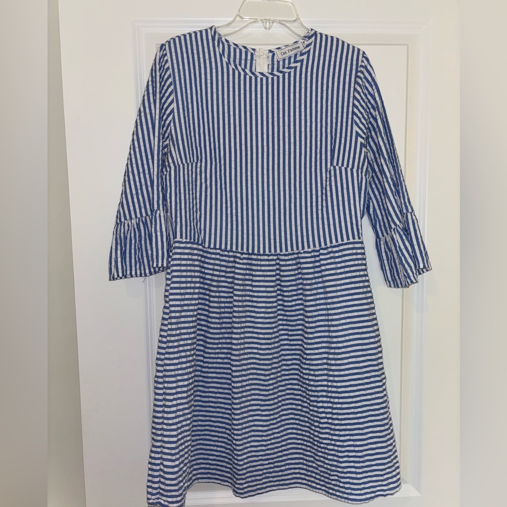 Blue and white seersucker dress
